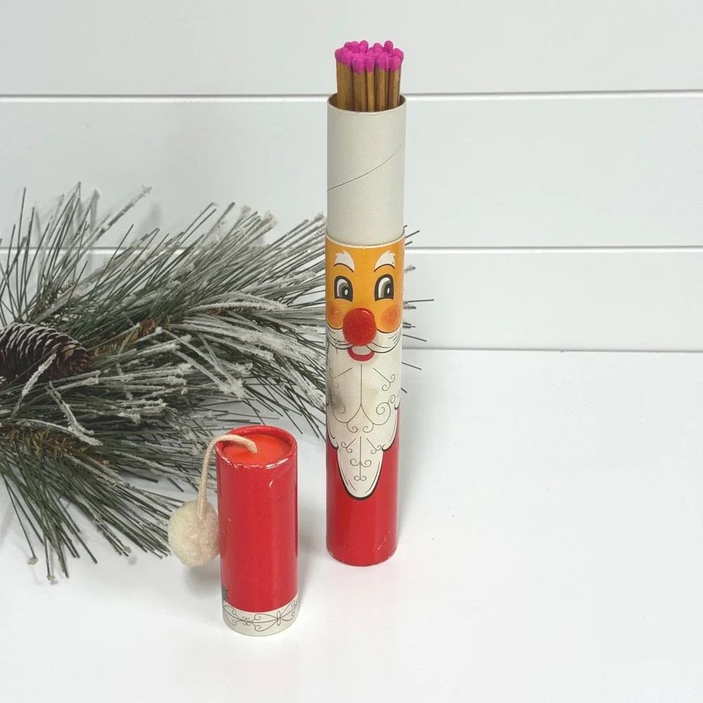 Vintage Santa Claus Fireplace Match Holder Tube Japan MCM Christmas decor
